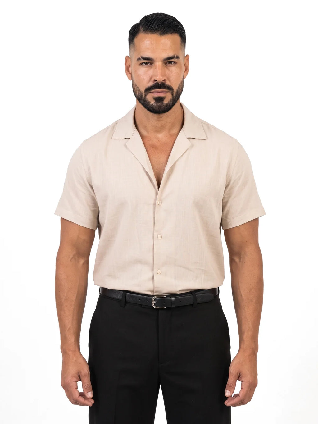 ADRIÁN camisa de manga corta beige – vista frontal – Bruno Valls