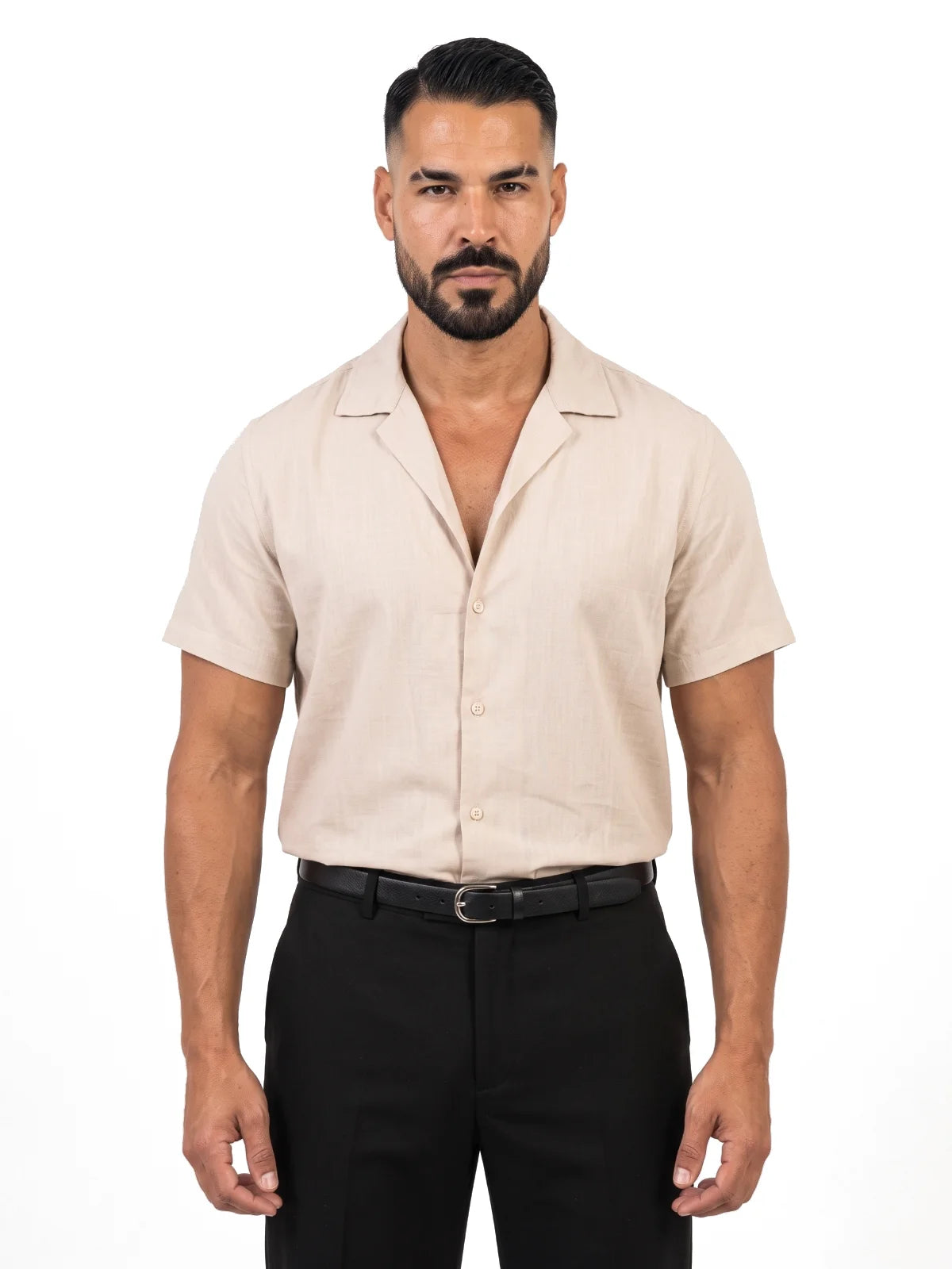 ADRIÁN camisa de manga corta beige – vista frontal – Bruno Valls