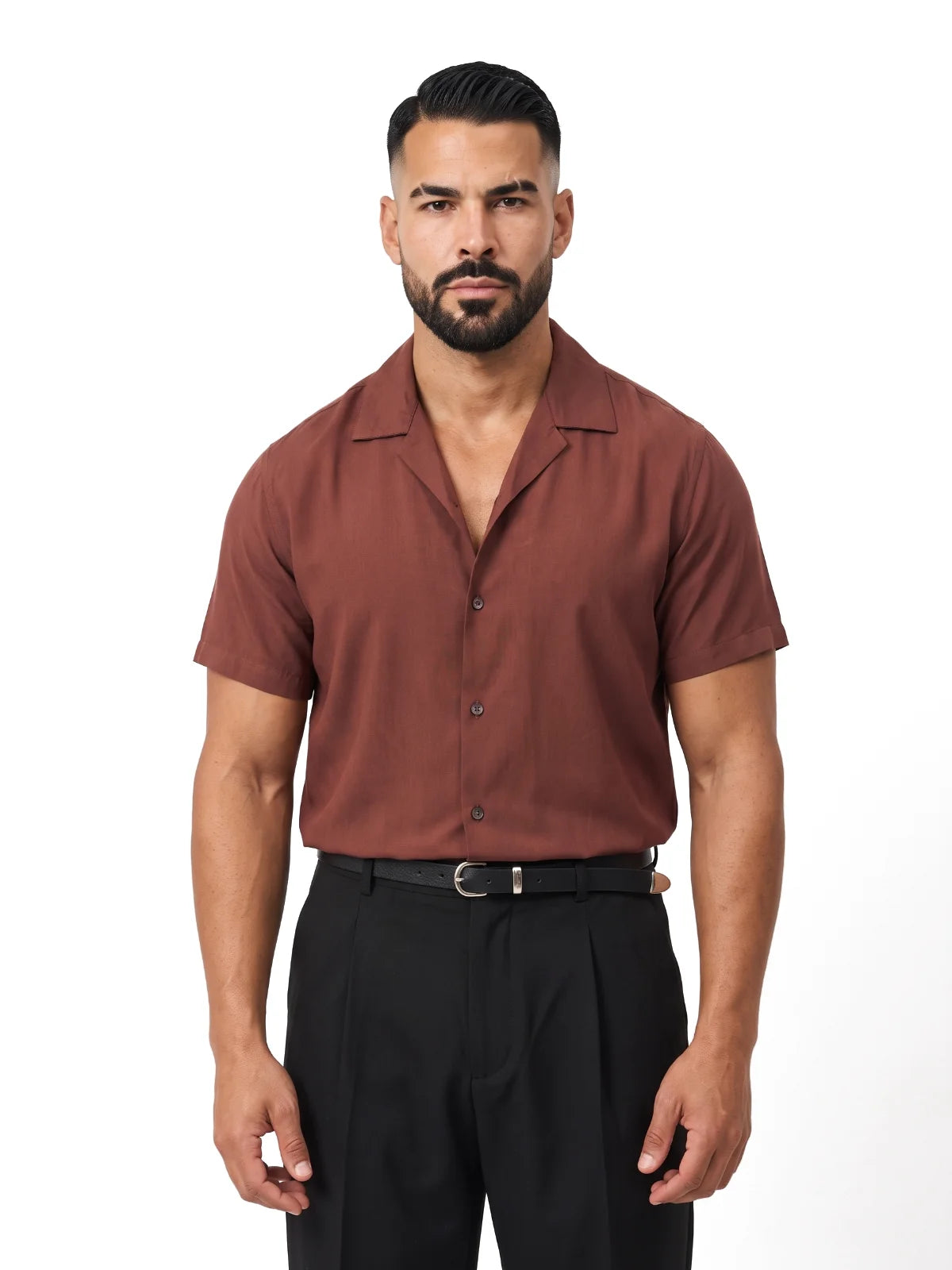 ADRIÁN camisa de manga corta marrón – vista frontal – Bruno Valls