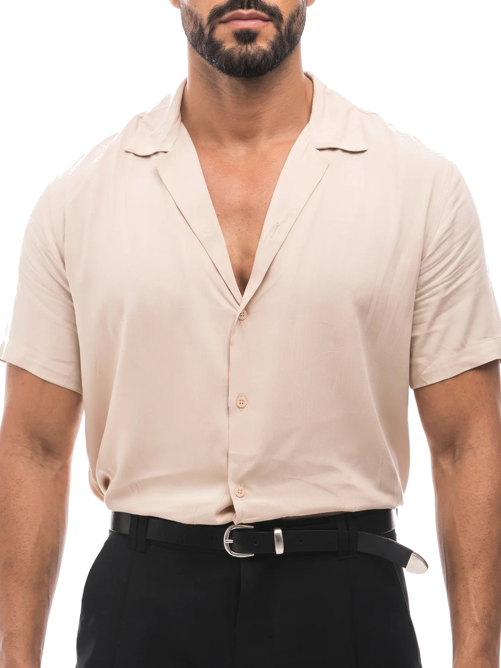 ADRIÁN camisa de manga corta beige – detalle del cuello – Bruno Valls