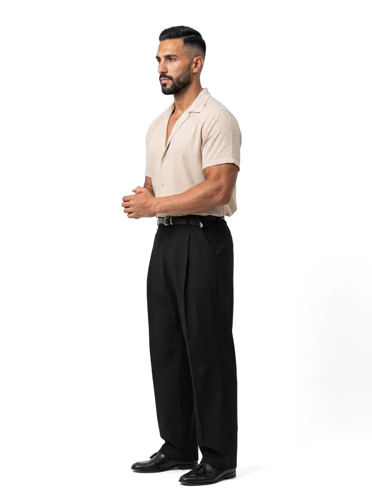 ADRIÁN camisa de manga corta beige – vista lateral – Bruno Valls