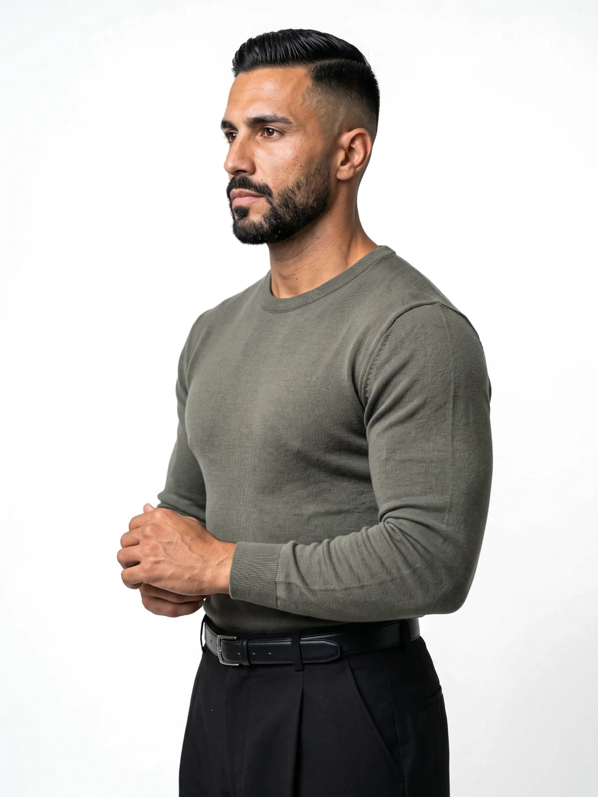 ALBERTO jersey de punto verde oliva – vista tres cuartos – Bruno Valls