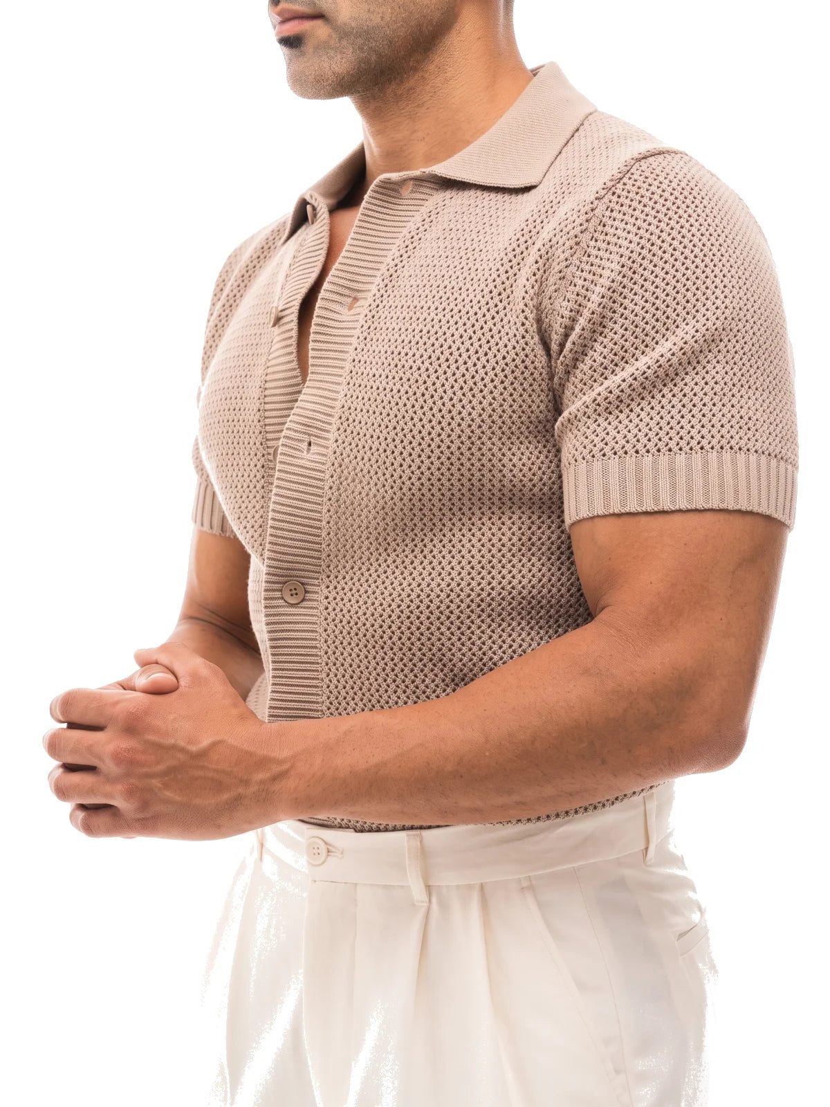 ÁLVARO polo de crochet beige – detalle del tejido – Bruno Valls