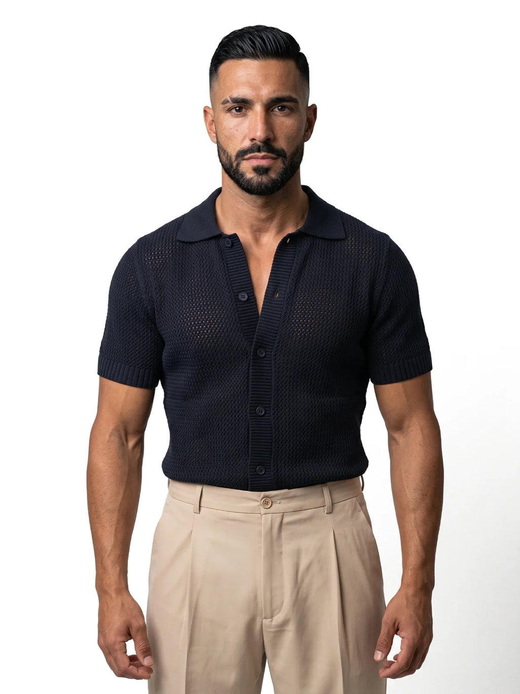 ÁLVARO polo de crochet azul marino – vista frontal – Bruno Valls