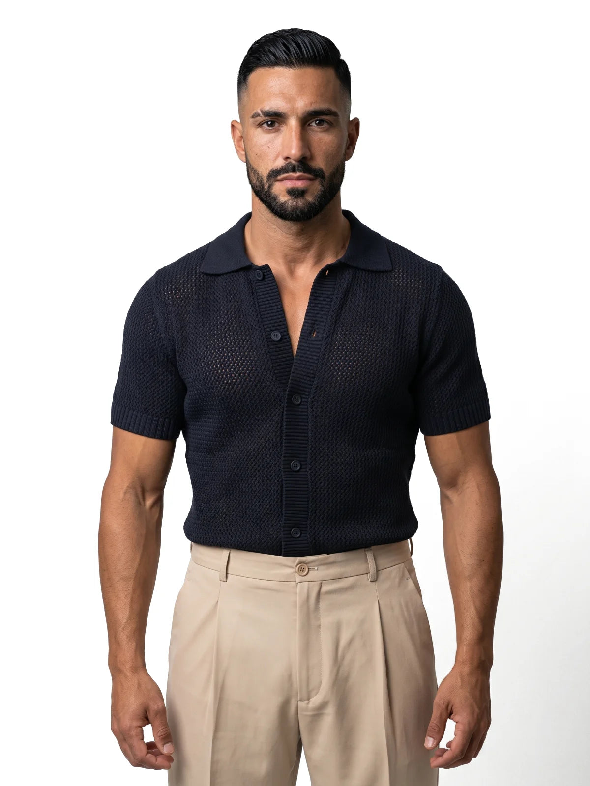 ÁLVARO polo de crochet azul marino – vista frontal – Bruno Valls