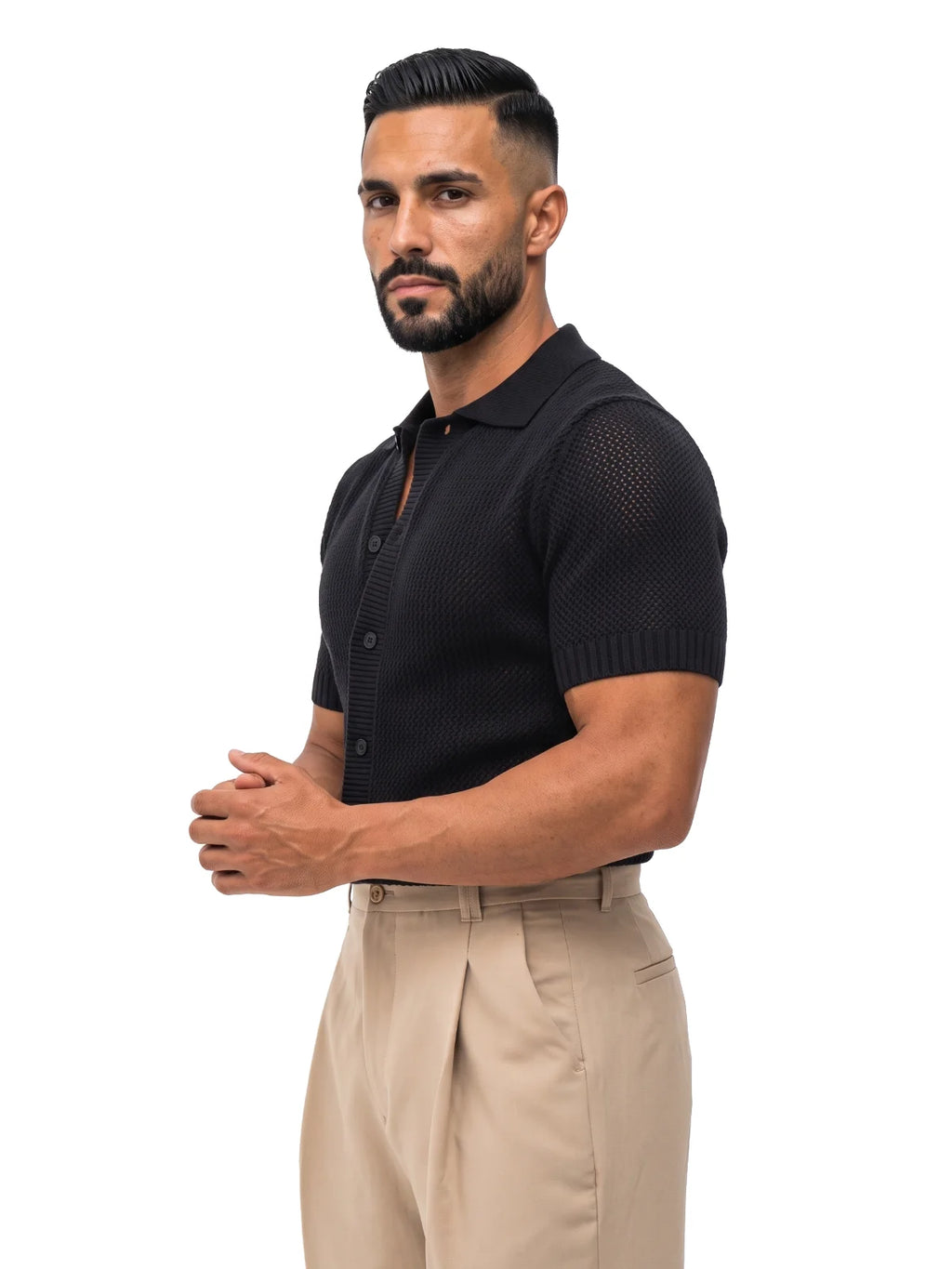 ÁLVARO polo de crochet azul marino – vista tres cuartos – Bruno Valls