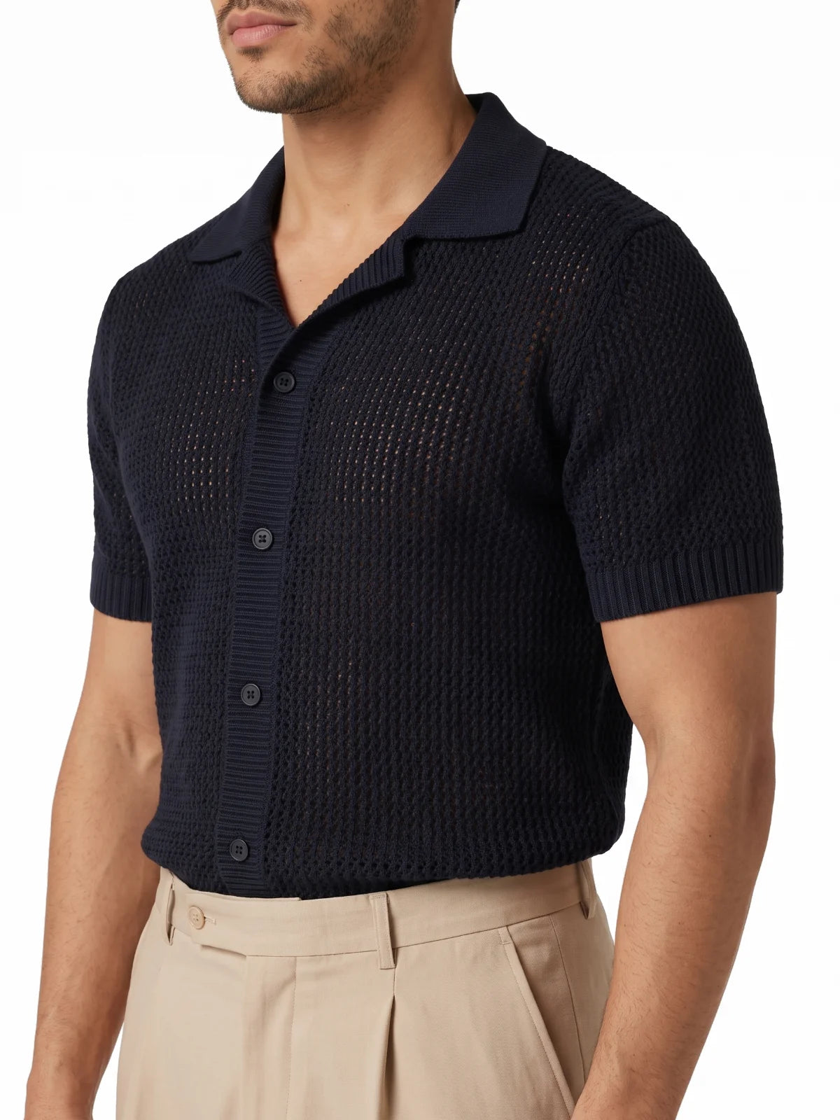 ÁLVARO polo de crochet azul marino – detalle del tejido – Bruno Valls