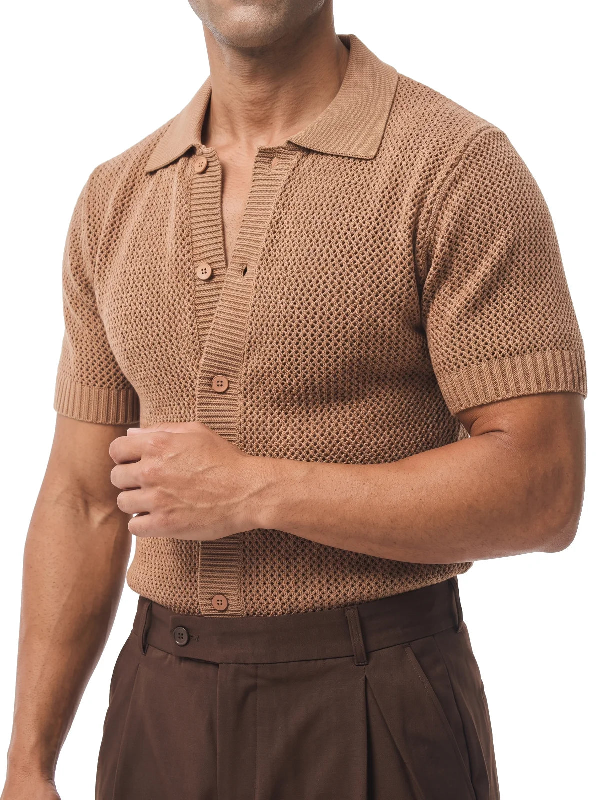 ÁLVARO polo de crochet marrón – detalle del tejido – Bruno Valls