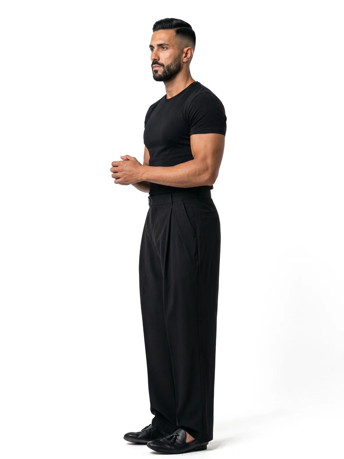 HUGO pantalón de doble pinza negro – vista lateral – Bruno Valls