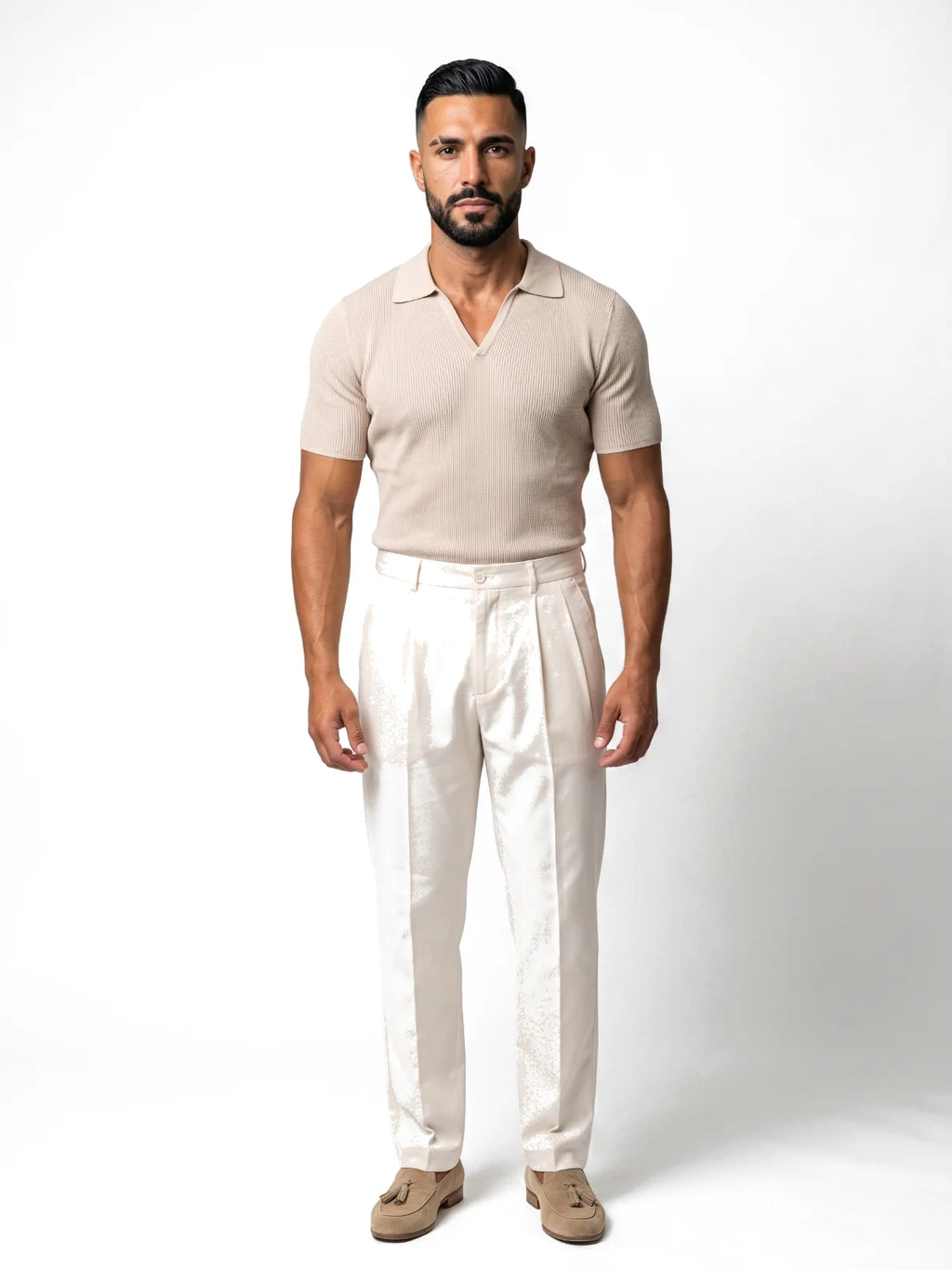 JAIME pantalón chino de pinzas blanco roto – look completo – Bruno Valls