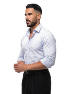 JAVIER camisa de rayas slim blanca y azul – vista tres cuartos – Bruno Valls