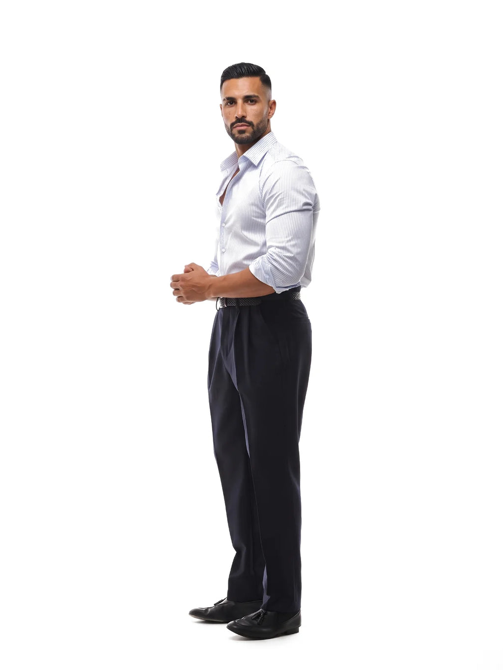 JAVIER camisa de rayas slim blanca y azul – look completo – Bruno Valls