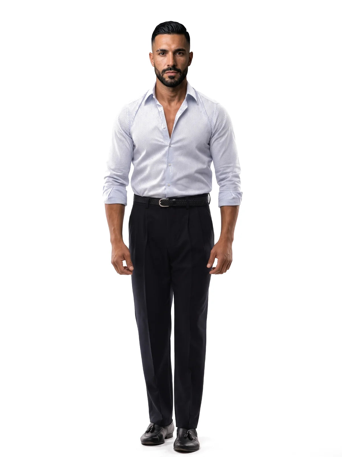 JAVIER camisa de rayas slim blanca y azul – detalle – Bruno Valls