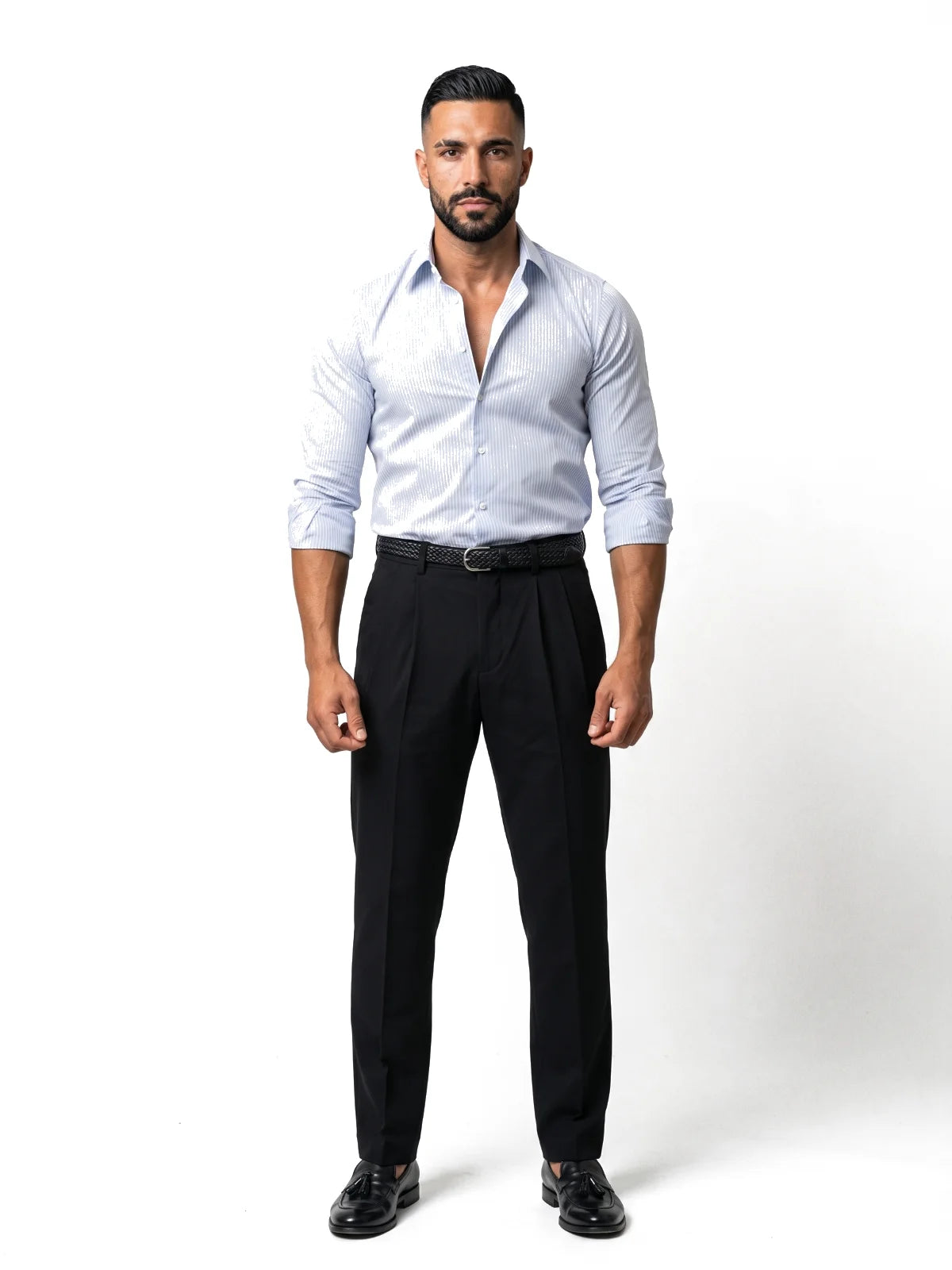 JAVIER camisa de rayas slim blanca y azul – detalle – Bruno Valls