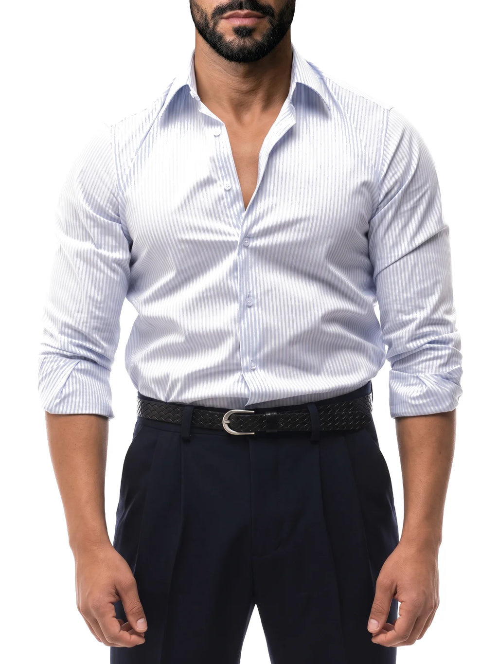 JAVIER camisa de rayas slim blanca y azul – detalle – Bruno Valls