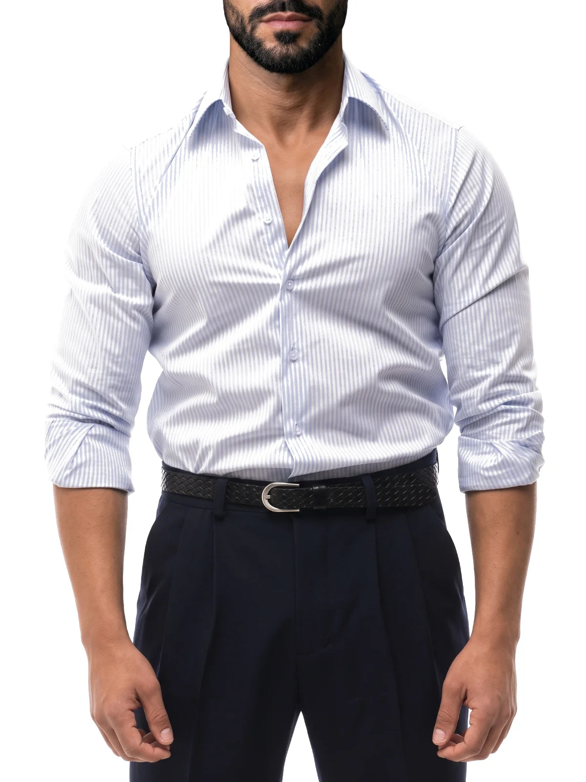 JAVIER camisa de rayas slim blanca y azul – detalle – Bruno Valls