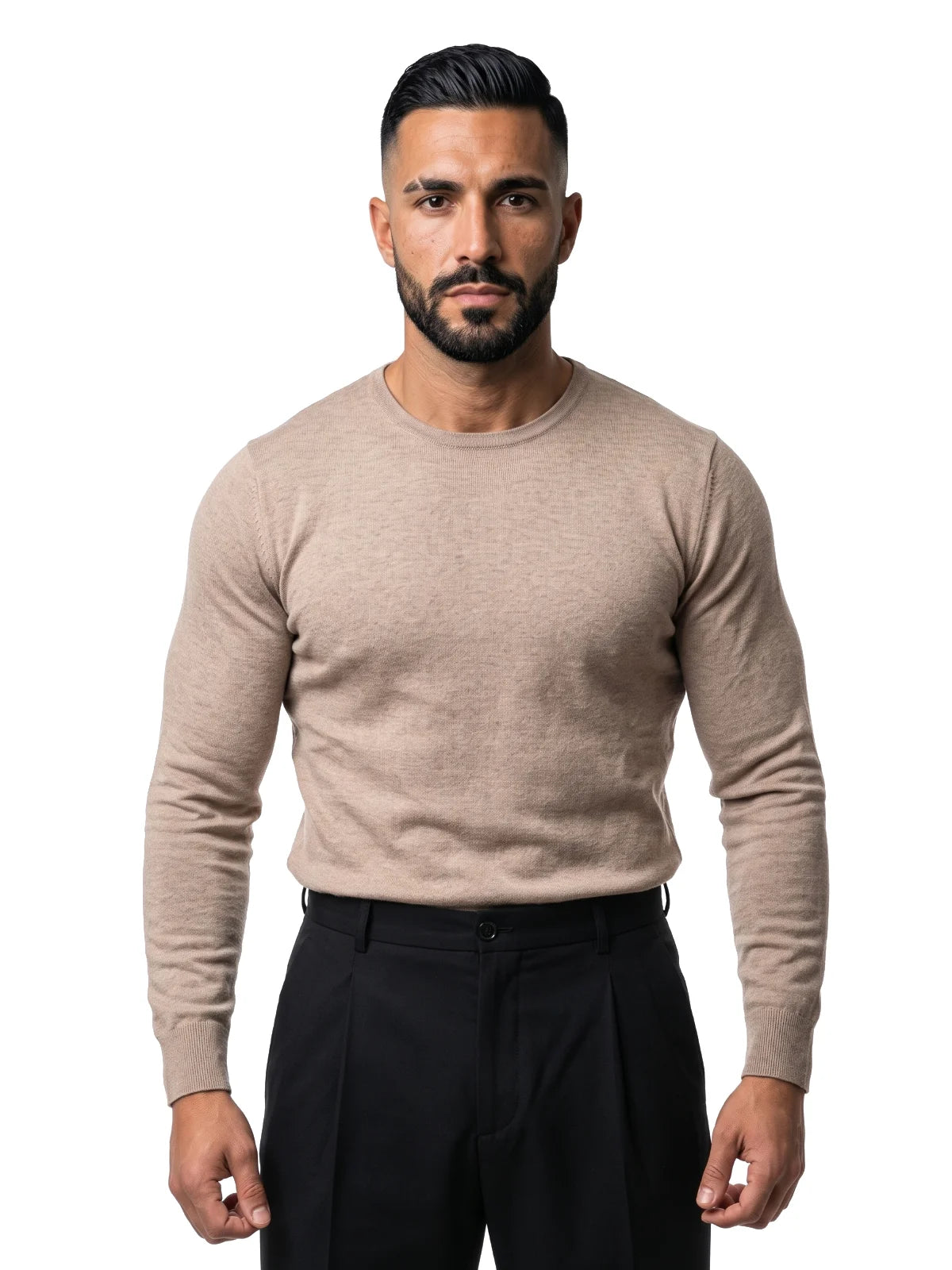 JORGE jersey de algodón cuello redondo beige – vista frontal – Bruno Valls