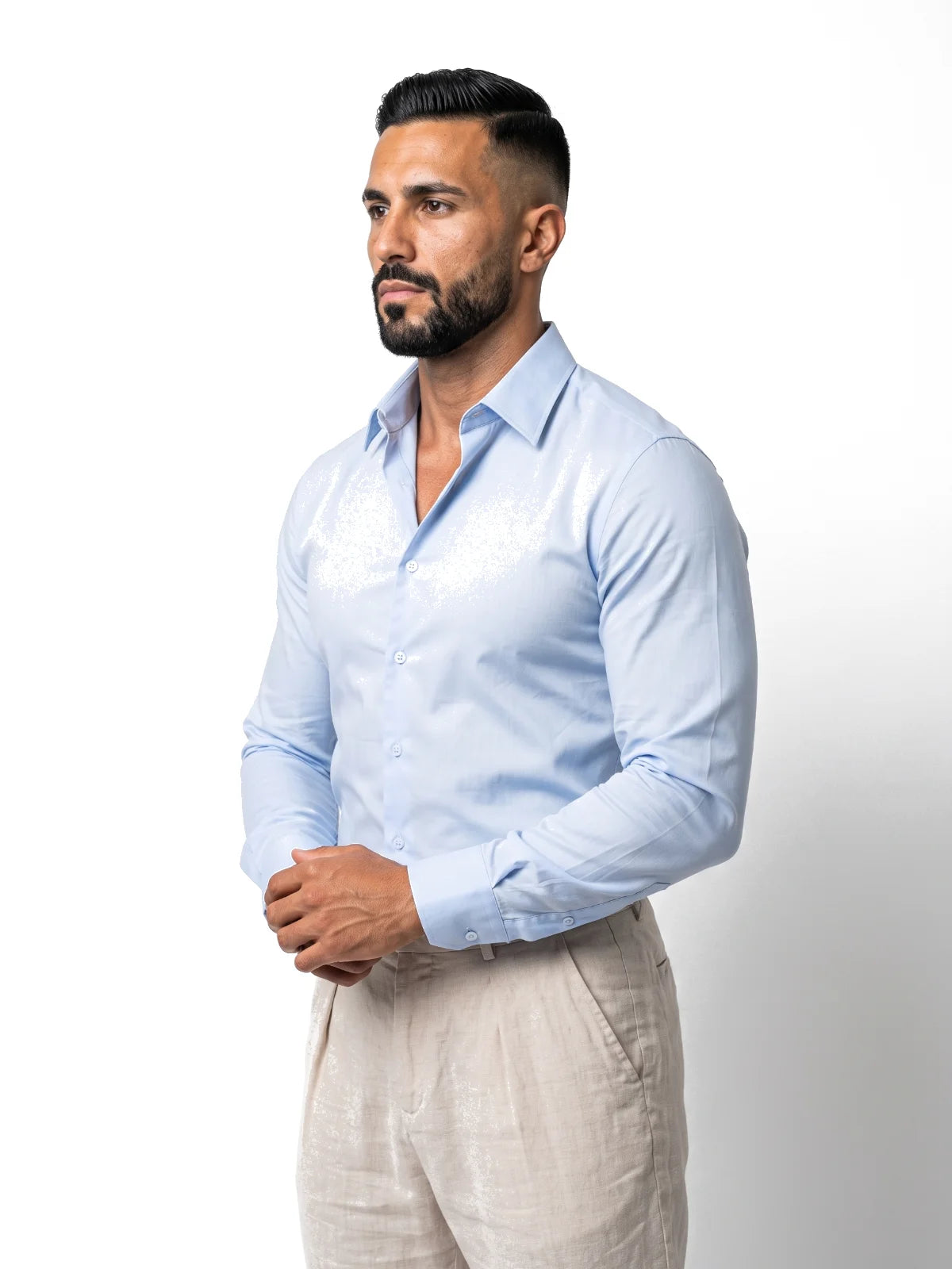 JULIÁN camisa de vestir slim azul celeste – vista tres cuartos – Bruno Valls