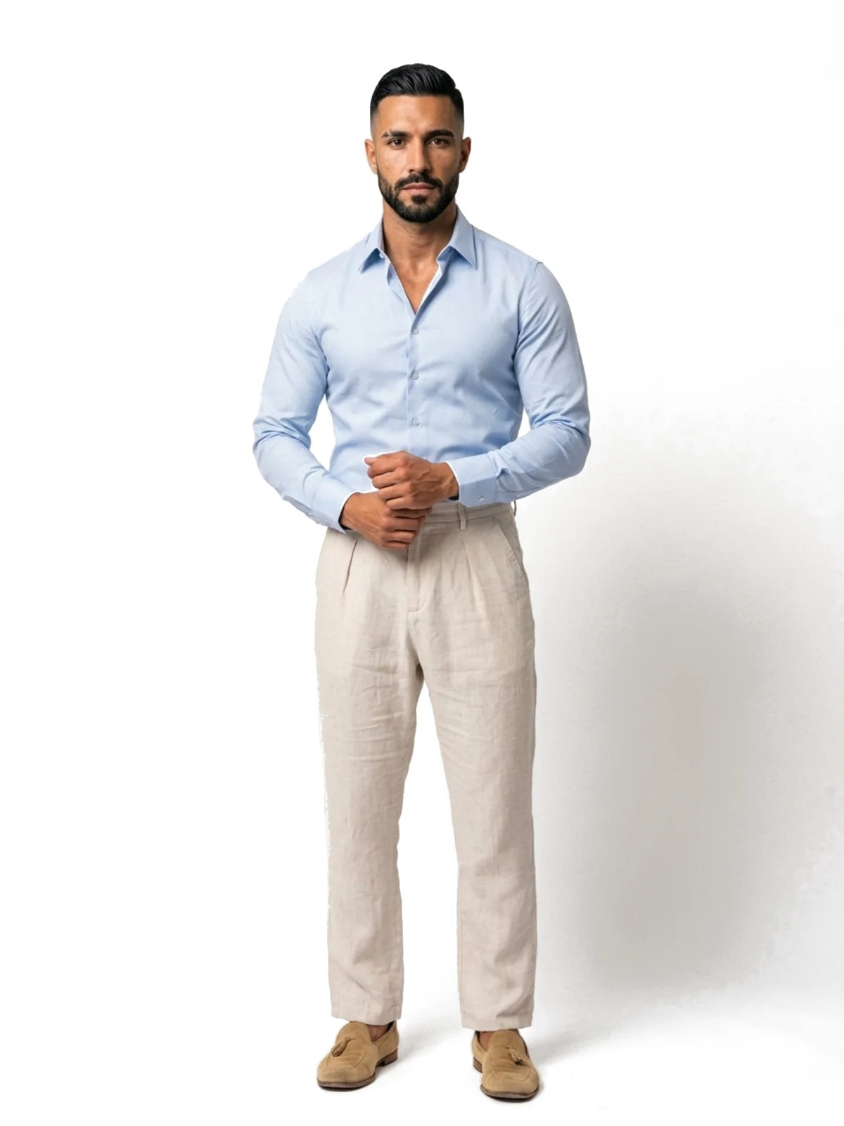 JULIÁN camisa de vestir slim azul celeste – look completo – Bruno Valls