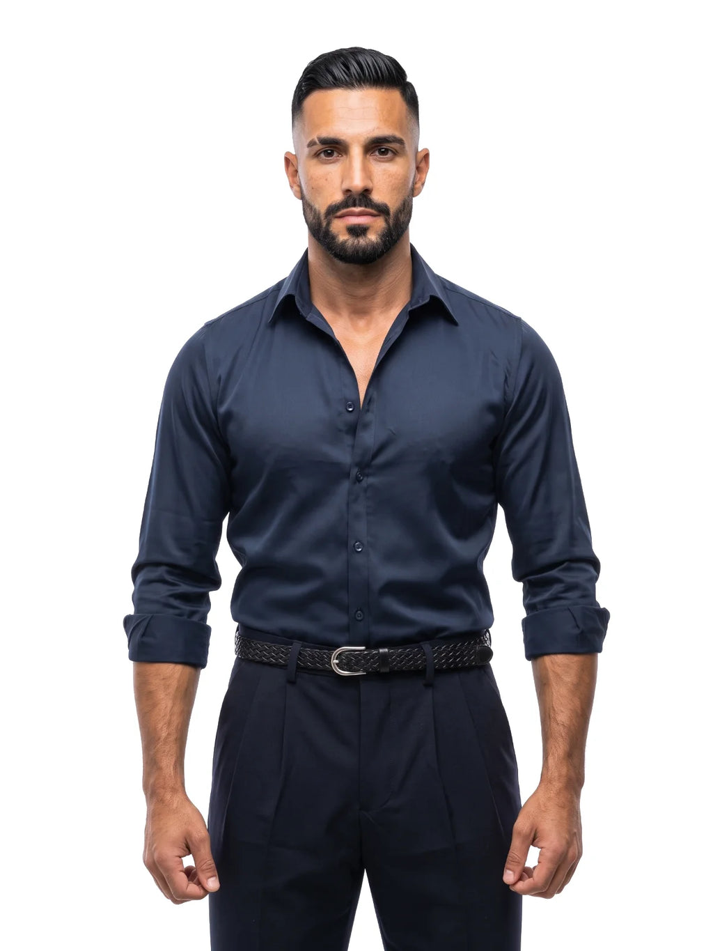 LUIS camisa efecto seda azul marino – vista frontal – Bruno Valls
