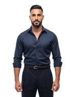 LUIS camisa efecto seda azul marino – vista frontal – Bruno Valls