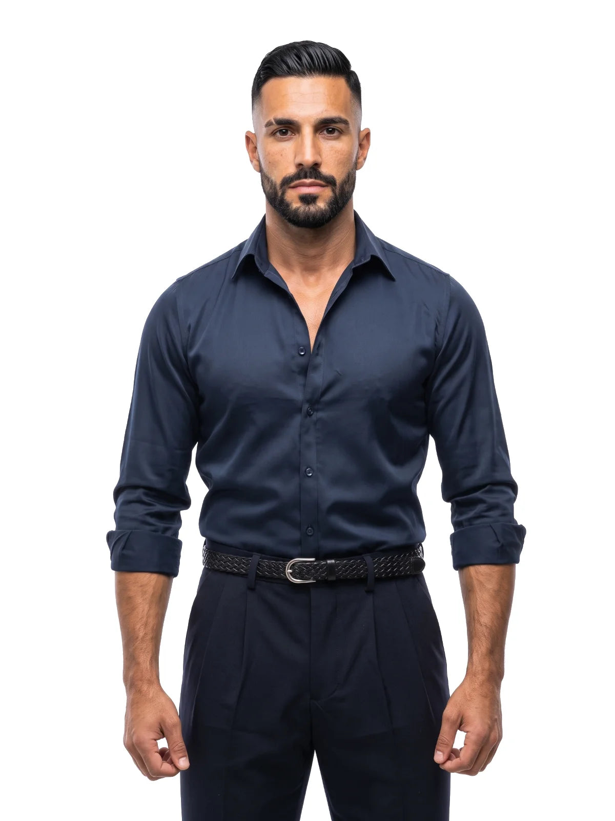 LUIS camisa efecto seda azul marino – vista frontal – Bruno Valls