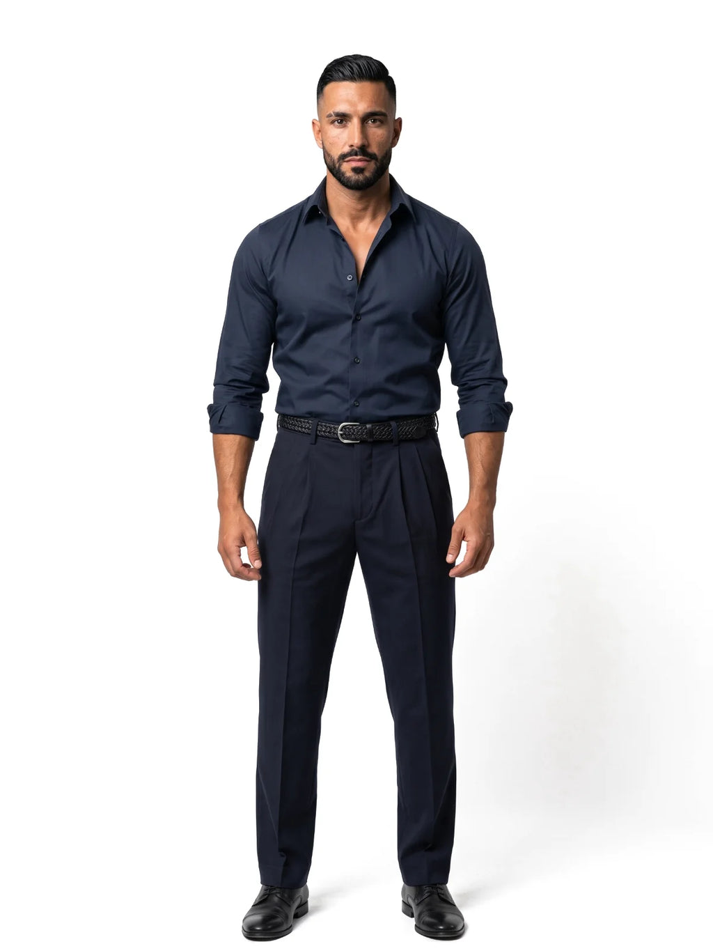 LUIS camisa efecto seda azul marino – look completo – Bruno Valls