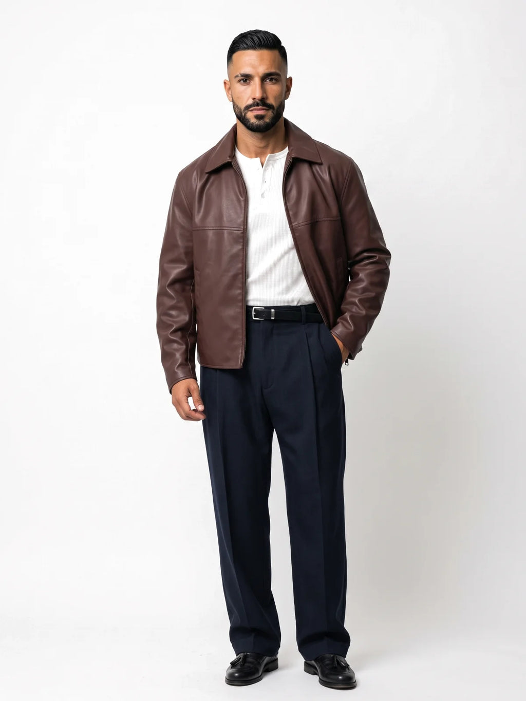 MARCOS cazadora efecto piel burdeos – look completo – Bruno Valls