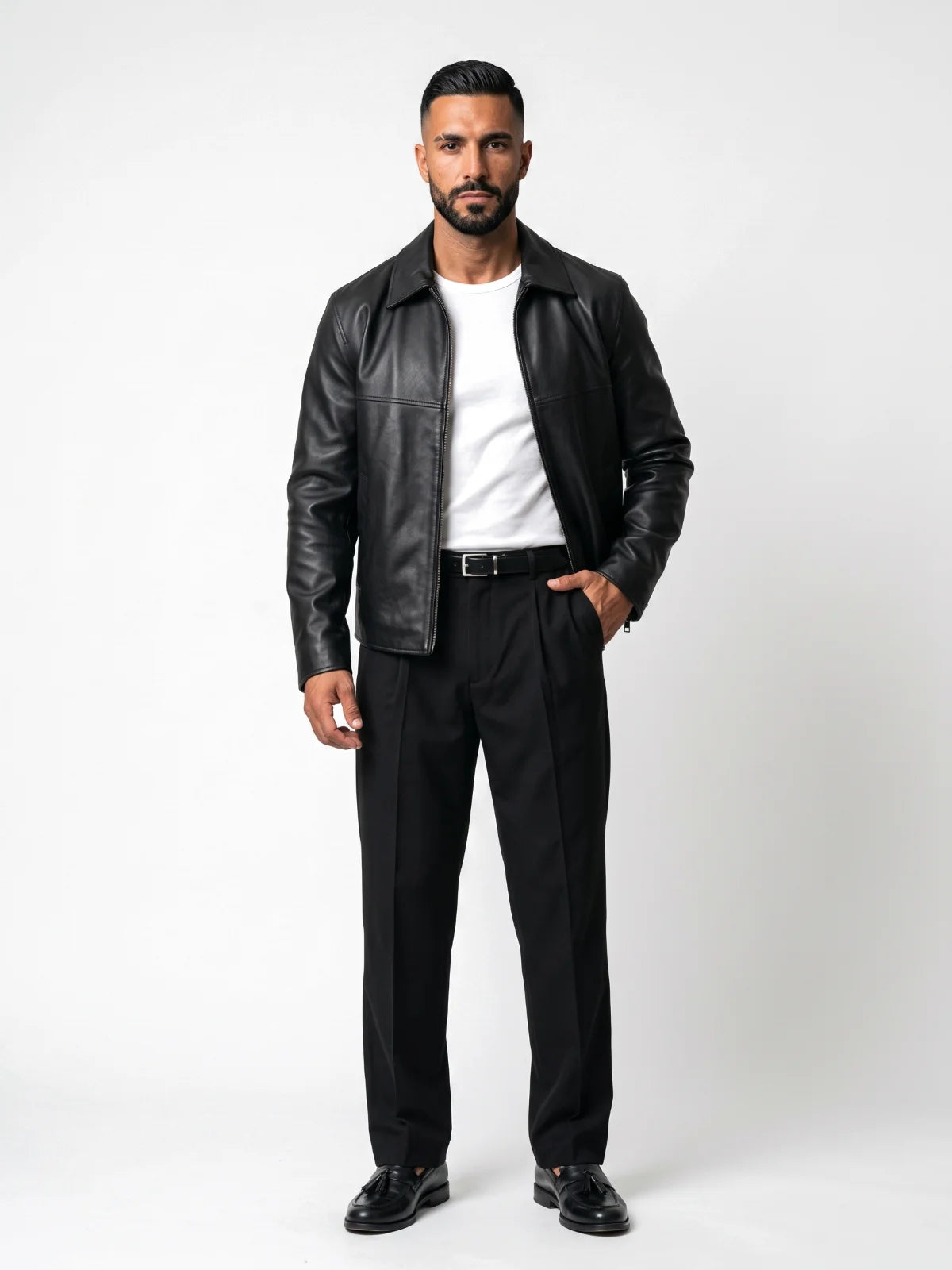 MARCOS cazadora efecto piel negra – look completo – Bruno Valls