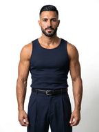 MARIO camiseta de tirantes canalé azul marino – vista frontal – Bruno Valls