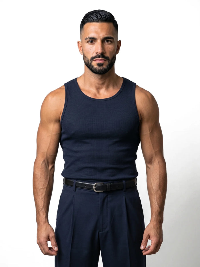 MARIO camiseta de tirantes canalé azul marino – vista frontal – Bruno Valls