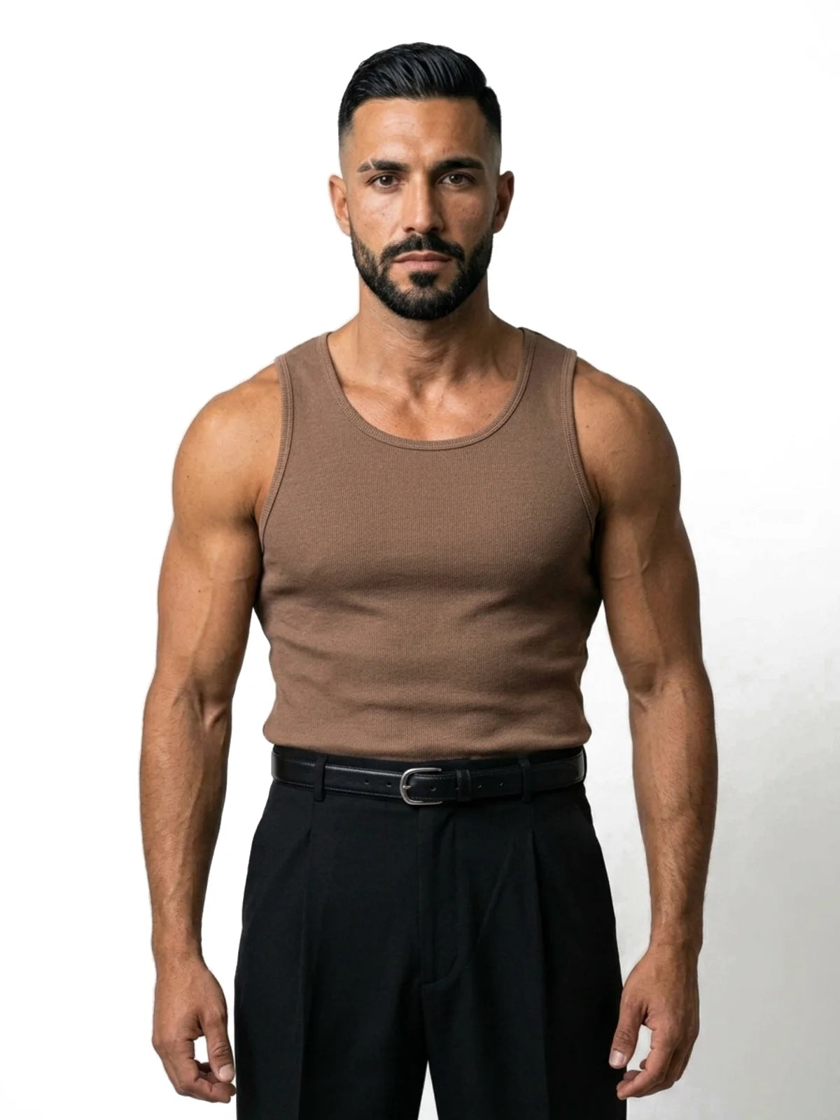MARIO camiseta de tirantes canalé marrón – vista frontal – Bruno Valls