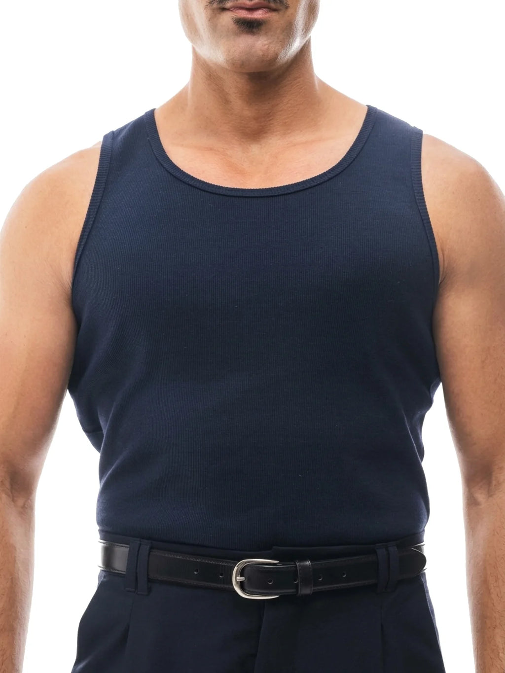 MARIO camiseta de tirantes canalé azul marino – detalle del tejido – Bruno Valls