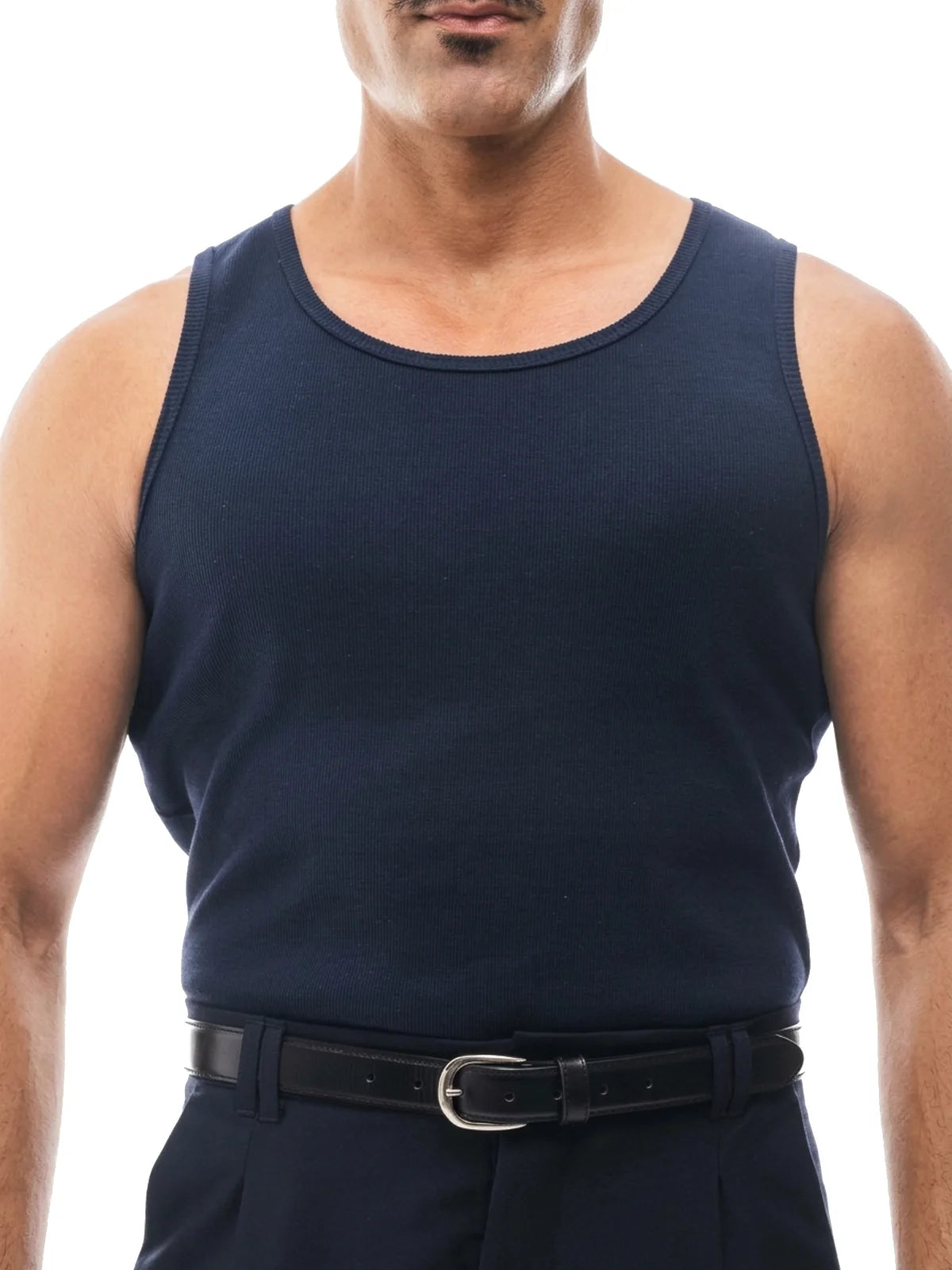MARIO camiseta de tirantes canalé azul marino – detalle del tejido – Bruno Valls