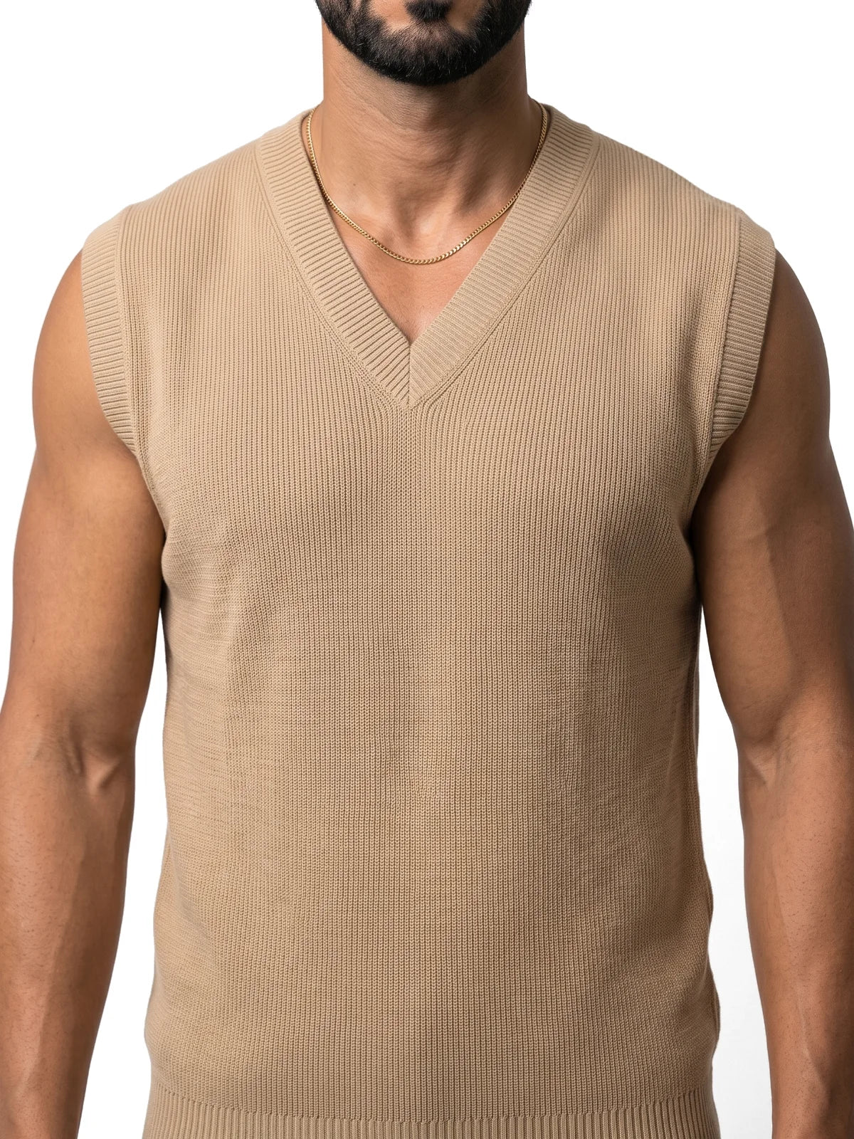 NICOLÁS chaleco de punto beige – detalle del tejido – Bruno Valls