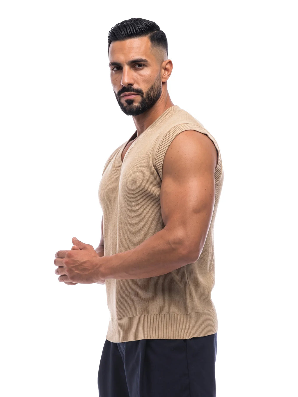 NICOLÁS chaleco de punto beige – vista lateral – Bruno Valls