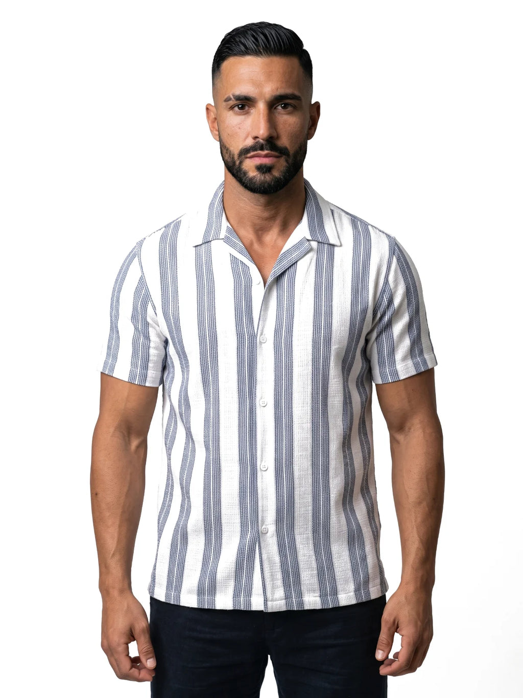 PABLO camisa de rayas marino – vista frontal – Bruno Valls