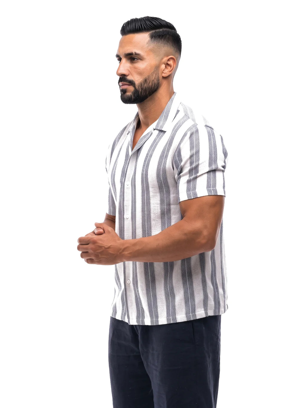 PABLO camisa de rayas marino – vista tres cuartos – Bruno Valls
