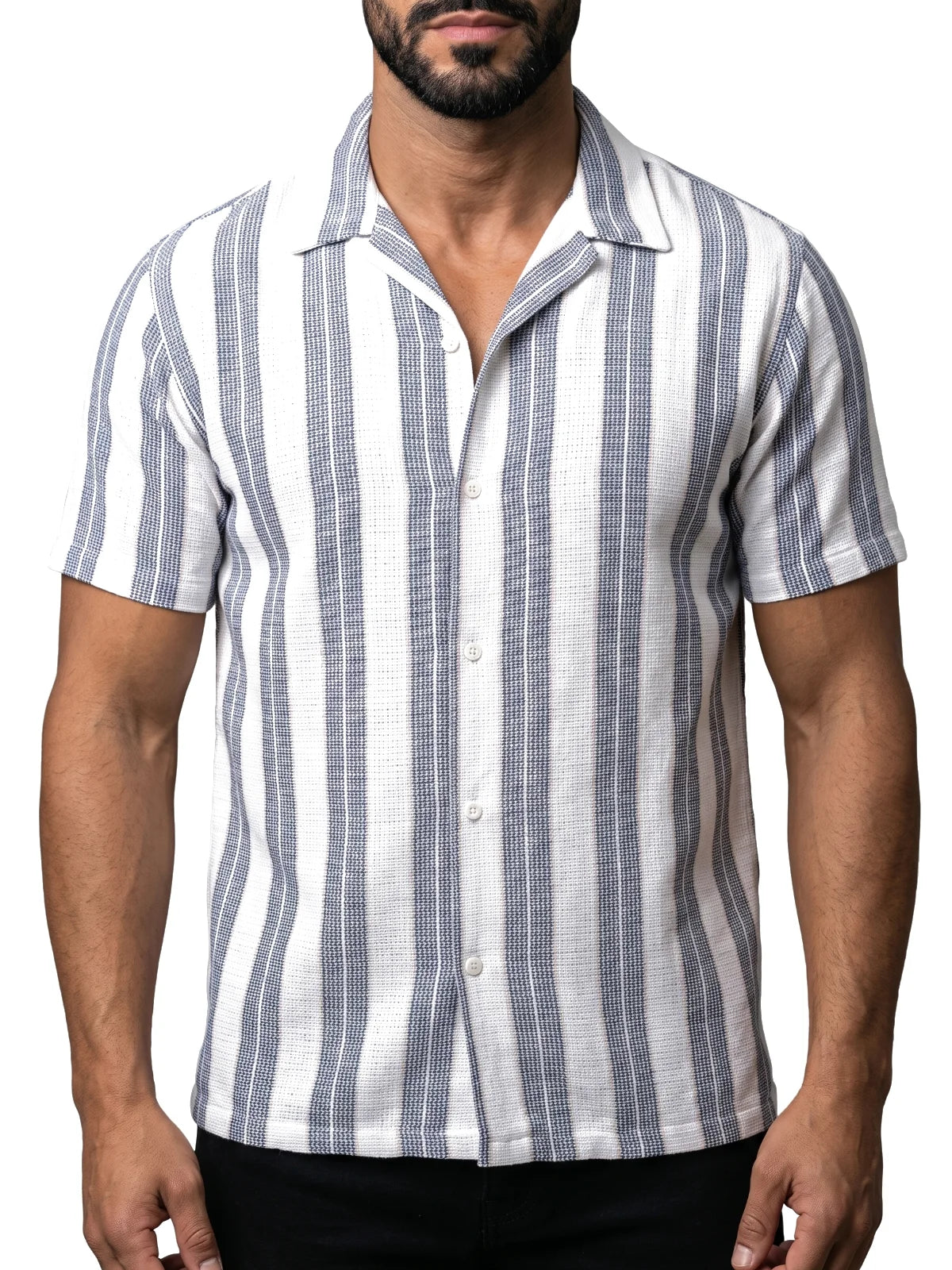 PABLO camisa de rayas marino – detalle del cuello – Bruno Valls