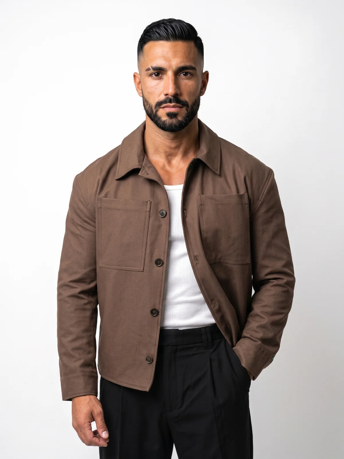 RAFAEL cazadora baggy marrón – vista frontal – Bruno Valls