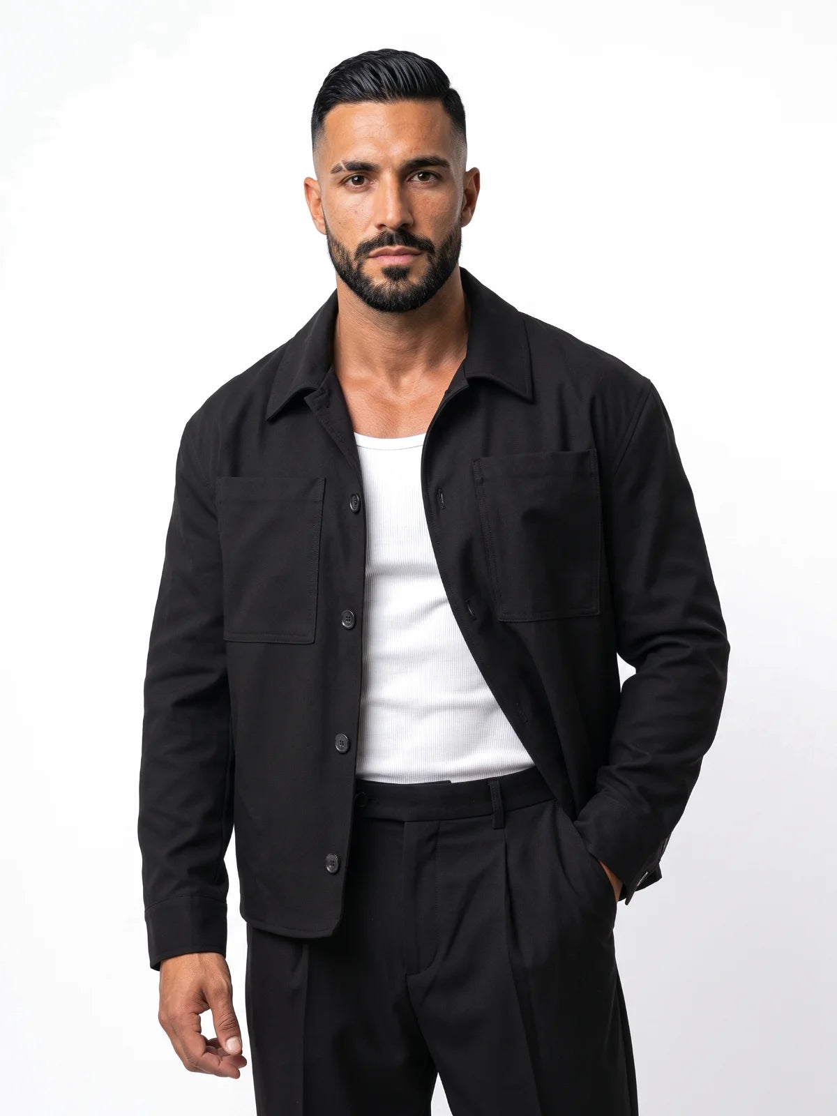 RAFAEL cazadora baggy negra – vista frontal – Bruno Valls