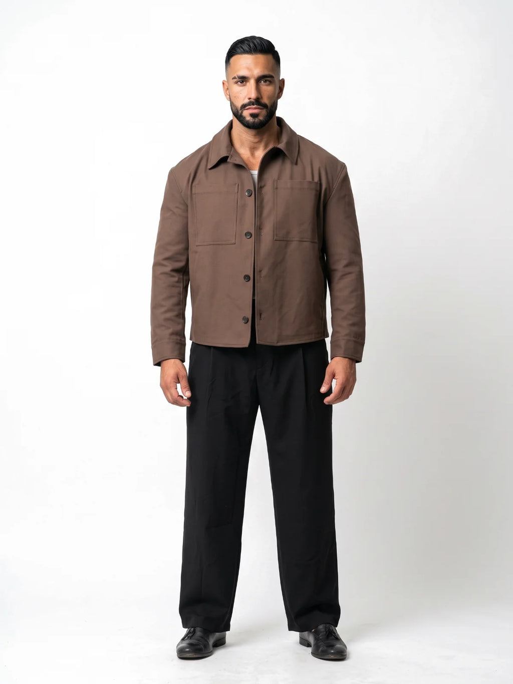 RAFAEL cazadora baggy marrón – look completo frontal – Bruno Valls