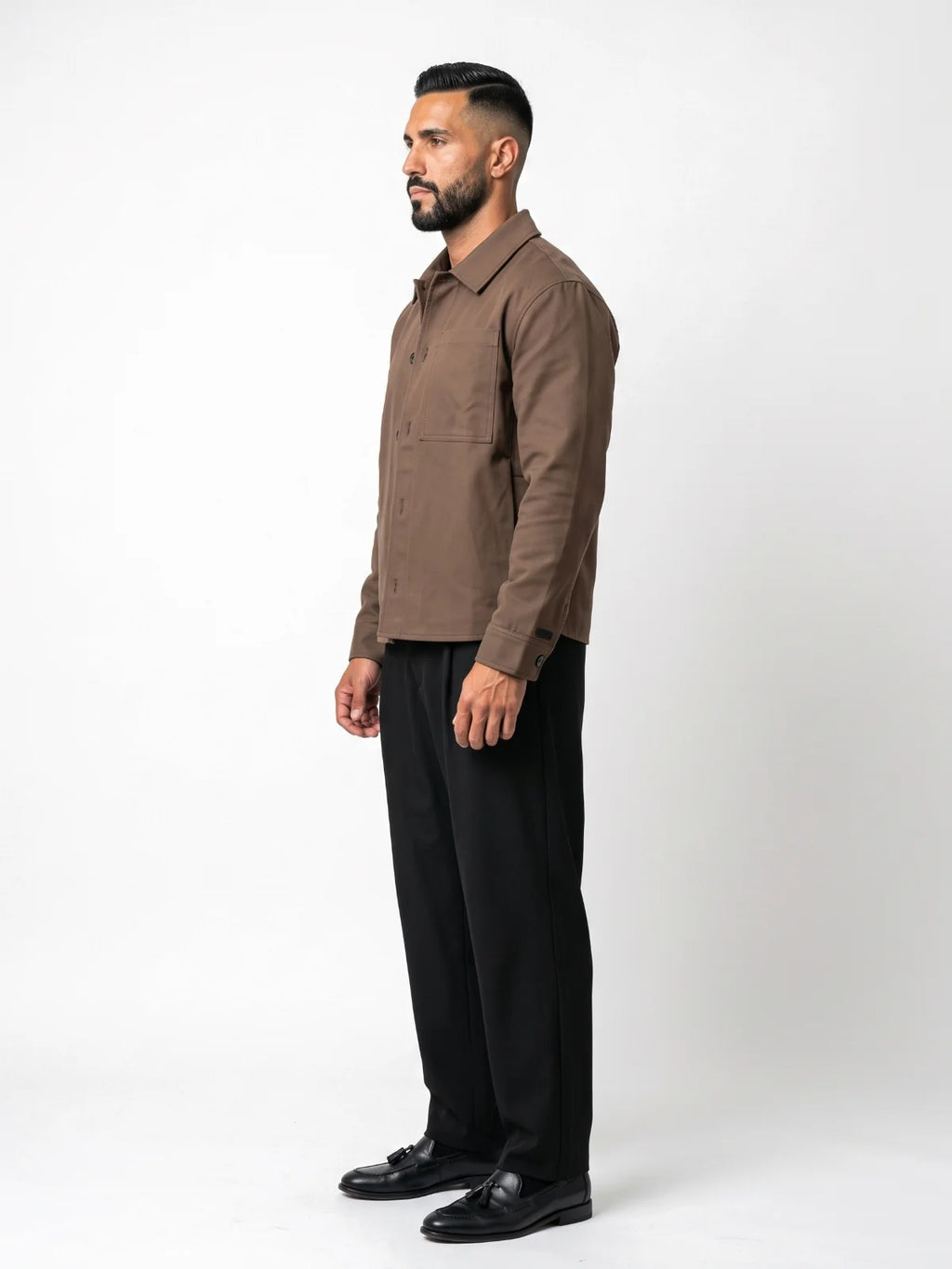RAFAEL cazadora baggy marrón – vista lateral – Bruno Valls