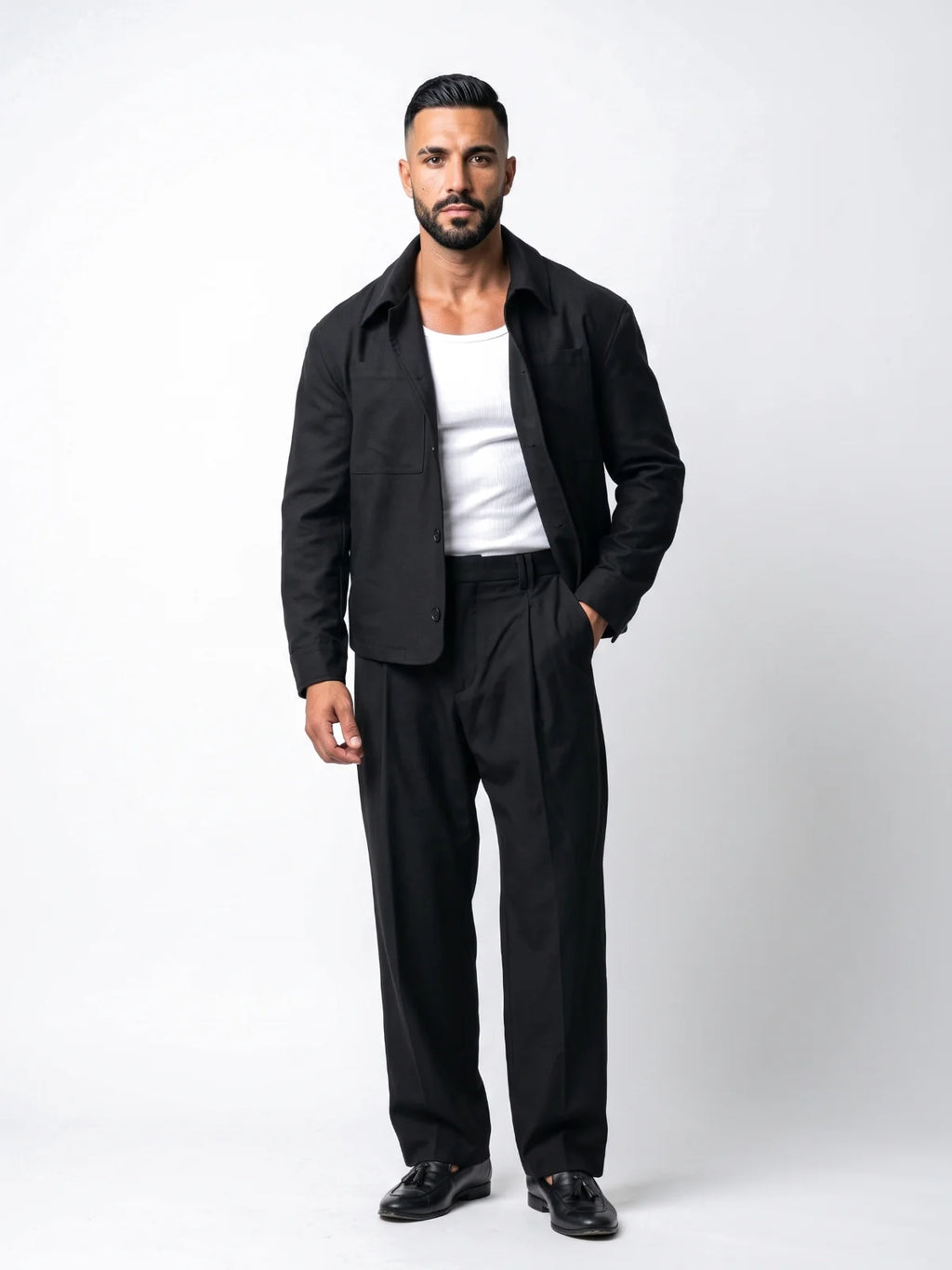 RAFAEL cazadora baggy negra – look completo abierta – Bruno Valls