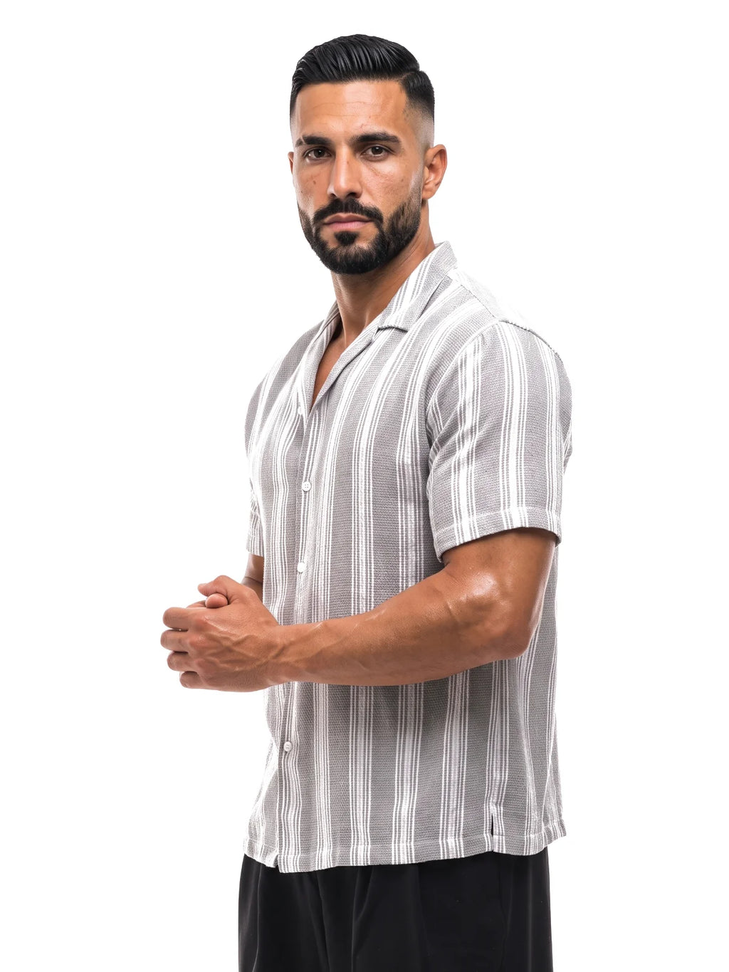 RAÚL camisa de rayas gris – vista tres cuartos – Bruno Valls