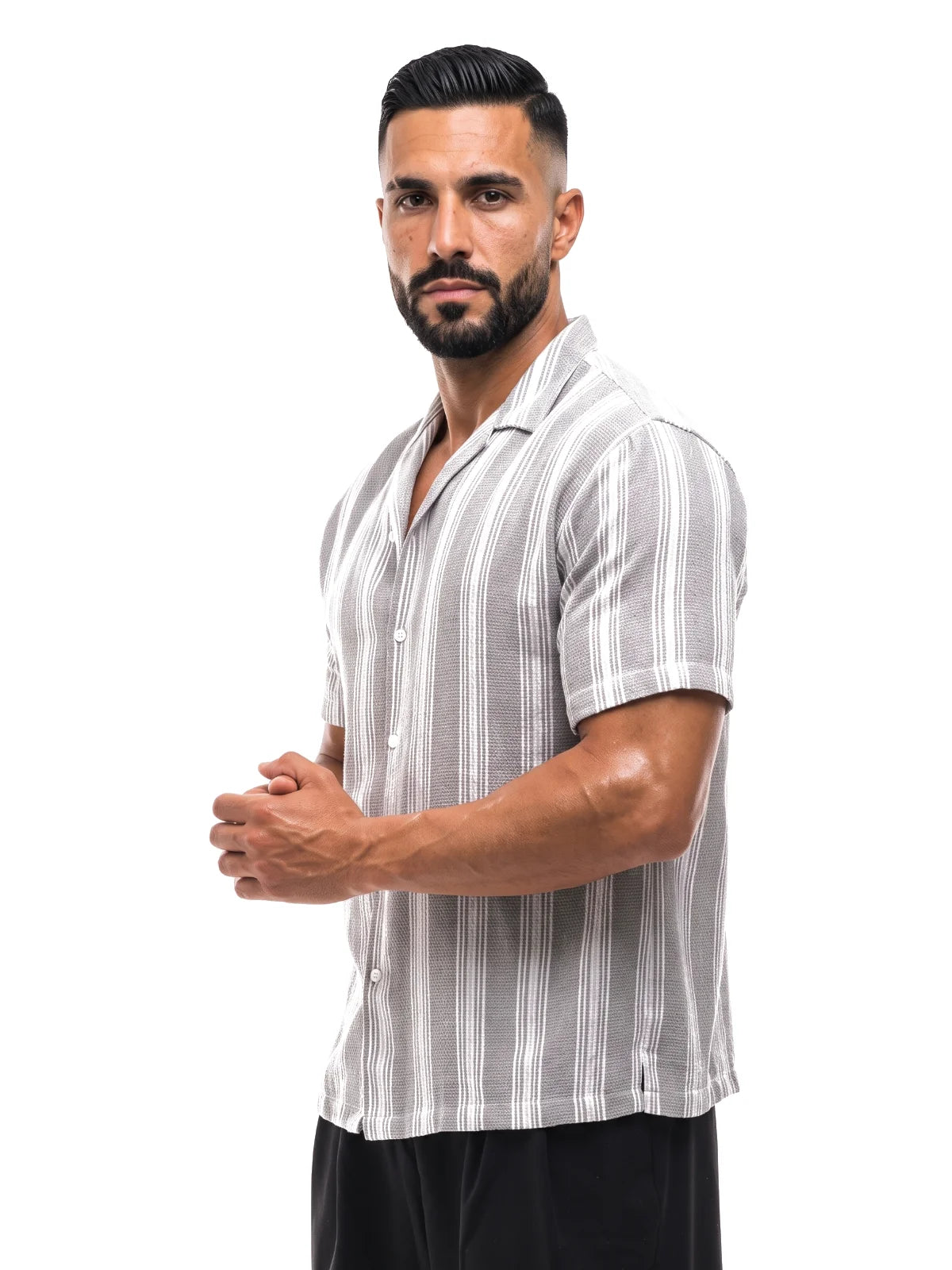 RAÚL camisa de rayas gris – vista tres cuartos – Bruno Valls