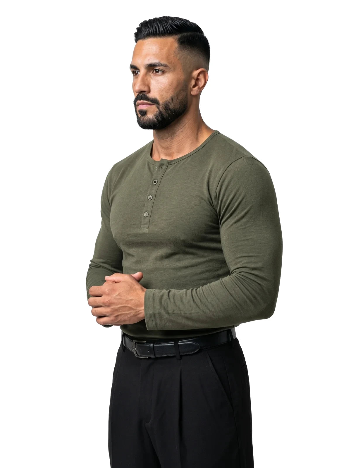 SAMUEL camiseta henley manga larga verde – vista tres cuartos – Bruno Valls