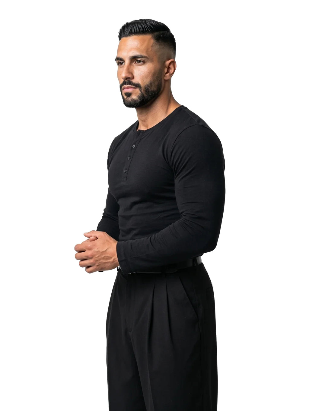 SAMUEL camiseta henley manga larga negro – vista tres cuartos – Bruno Valls