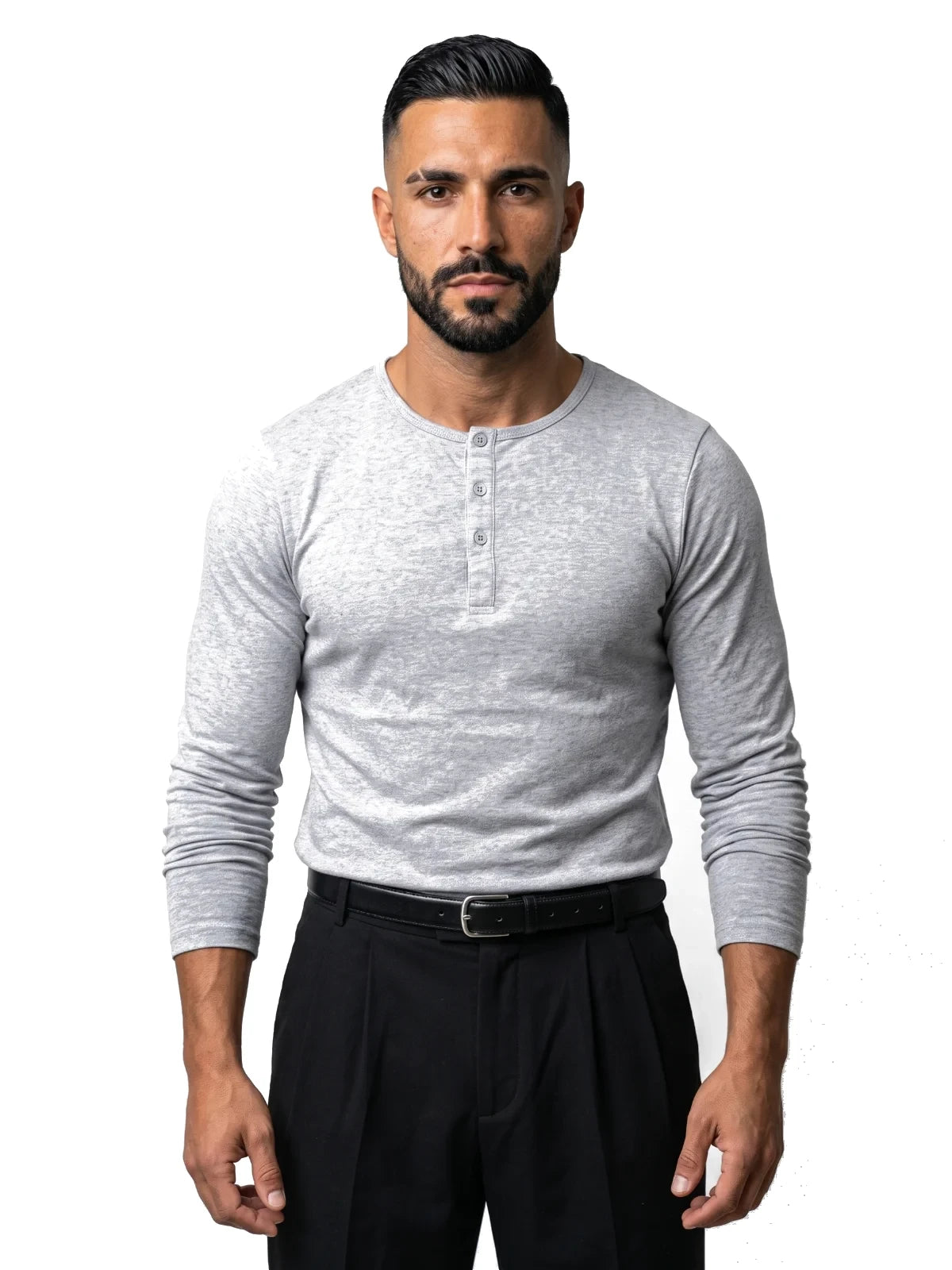 SAMUEL camiseta henley manga larga gris – vista frontal – Bruno Valls