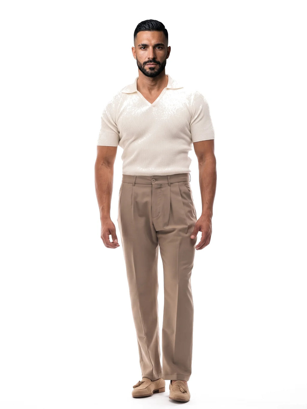 SANTIAGO polo canalé manga corta blanco roto – look completo – Bruno Valls